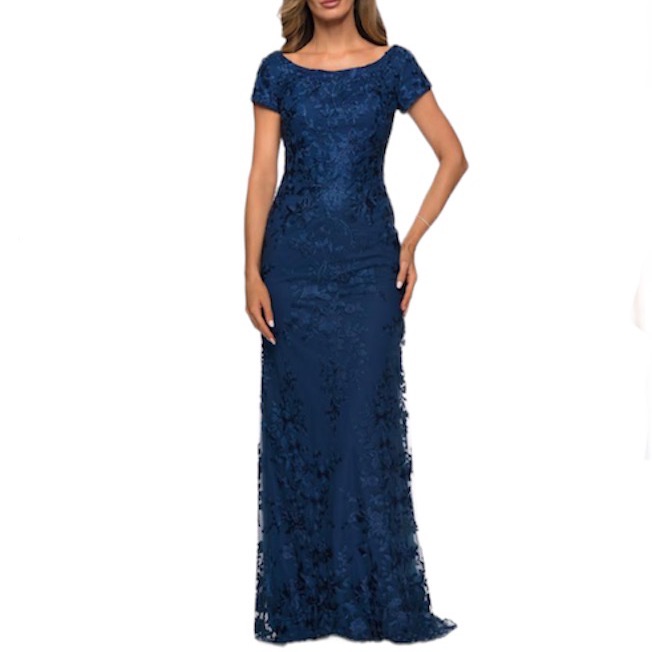 La Femme Lace Sparkle Scoop Neck Sheath Dress Gown New Navy Size 16